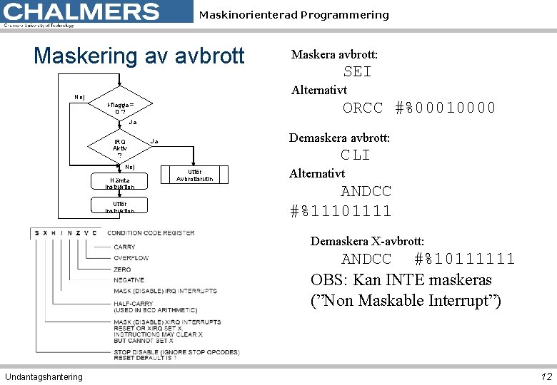 Maskinorienterad Programmering Maskering av avbrott Maskera avbrott: SEI Alternativt Nej ORCC #%00010000 I-flagga =