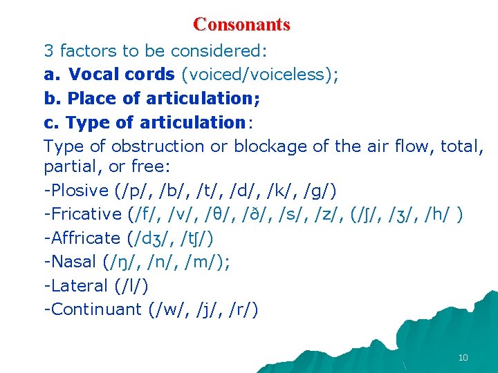 Consonants 3 factors to be considered: a. Vocal cords (voiced/voiceless); b. Place of articulation; Consonants 3 factors to be considered: a. Vocal cords (voiced/voiceless); b. Place of articulation;