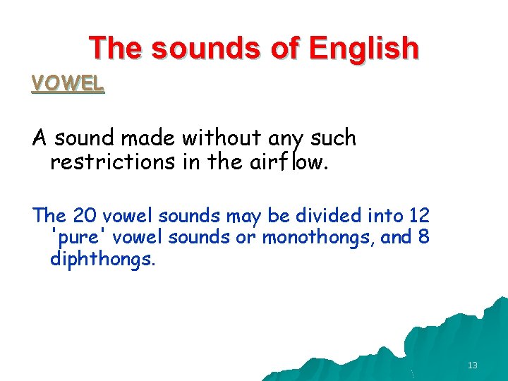 The sounds of English VOWEL A sound made without any such restrictions in the The sounds of English VOWEL A sound made without any such restrictions in the