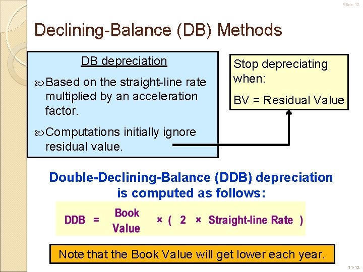 Slide 12 Declining-Balance (DB) Methods DB depreciation Based on the straight-line rate multiplied by