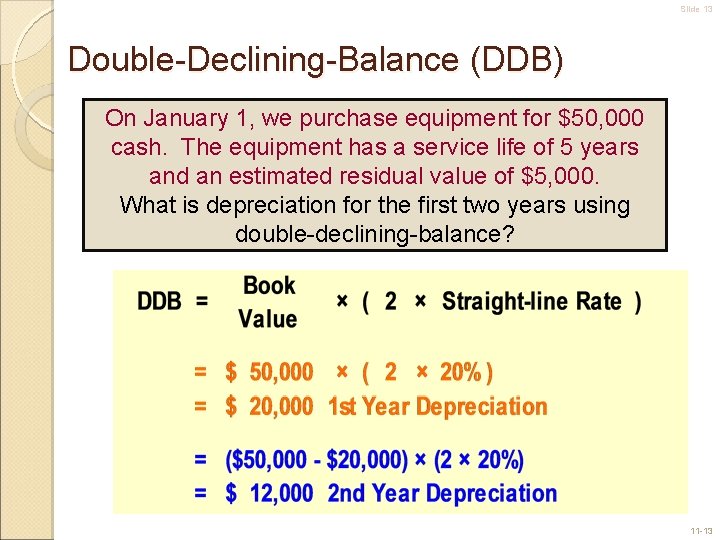 Slide 13 Double-Declining-Balance (DDB) On January 1, we purchase equipment for $50, 000 cash.