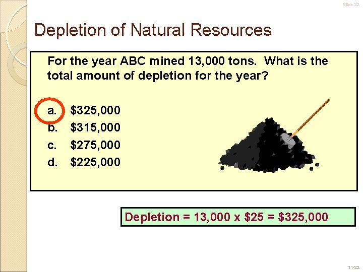 Slide 22 Depletion of Natural Resources For the year ABC mined 13, 000 tons.