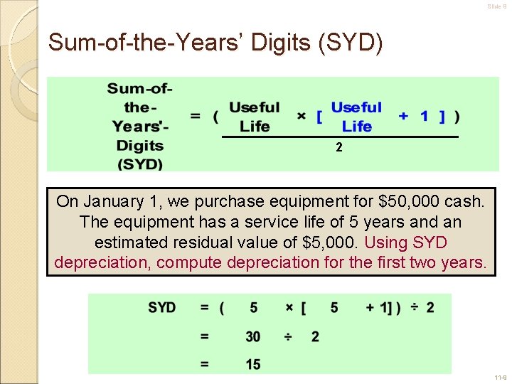 Slide 9 Sum-of-the-Years’ Digits (SYD) 2 On January 1, we purchase equipment for $50,