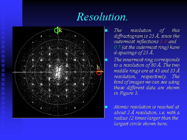 Resolution. k n n h The resolution of this diffractogram is 25 Å, since