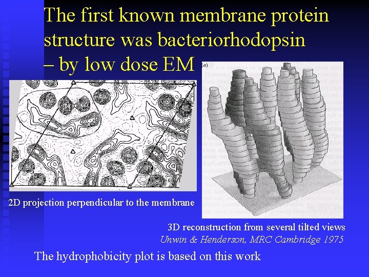 The first known membrane protein structure was bacteriorhodopsin – by low dose EM 2