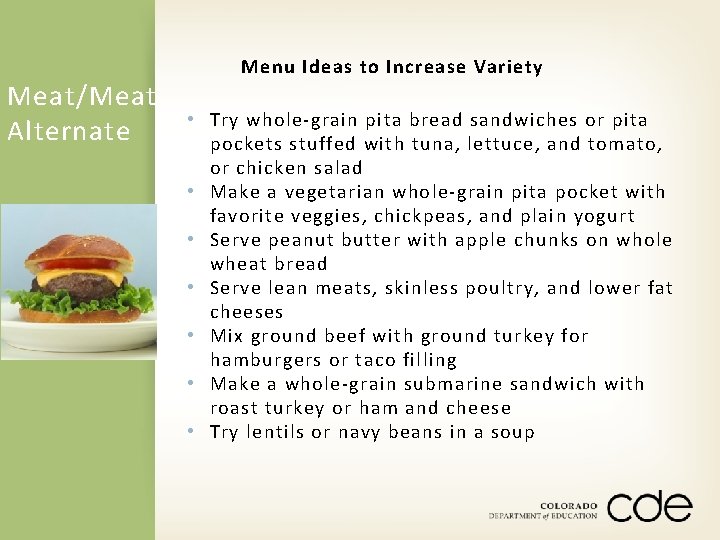 Meat/Meat Alternate Menu Ideas to Increase Variety • Try whole-grain pita bread sandwiches or
