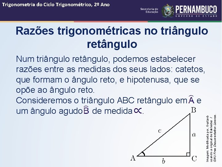 Trigonometria do Ciclo Trigonométrico, 2º Ano Razões trigonométricas no triângulo retângulo Imagem: Modificada por,