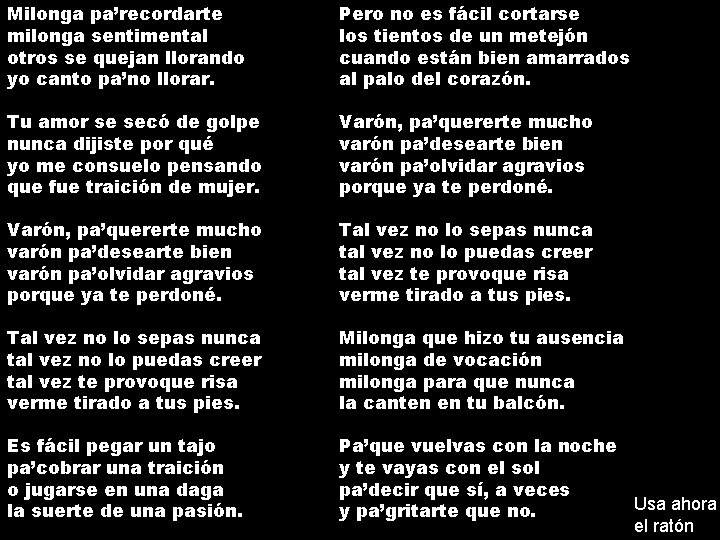 Milonga pa’recordarte milonga sentimental otros se quejan llorando yo canto pa’no llorar. Pero no