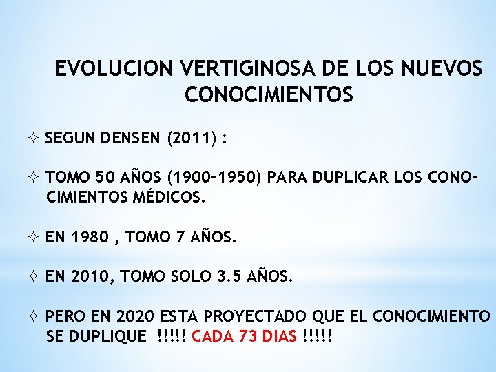 EVOLUCION VERTIGINOSA DE LOS NUEVOS CONOCIMIENTOS ² SEGUN DENSEN (2011) : ² TOMO 50