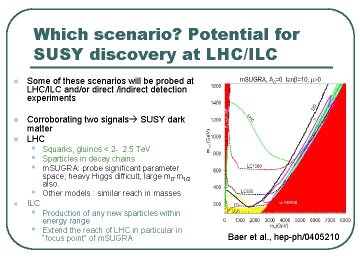 Which scenario? Potential for SUSY discovery at LHC/ILC l Some of these scenarios will Which scenario? Potential for SUSY discovery at LHC/ILC l Some of these scenarios will