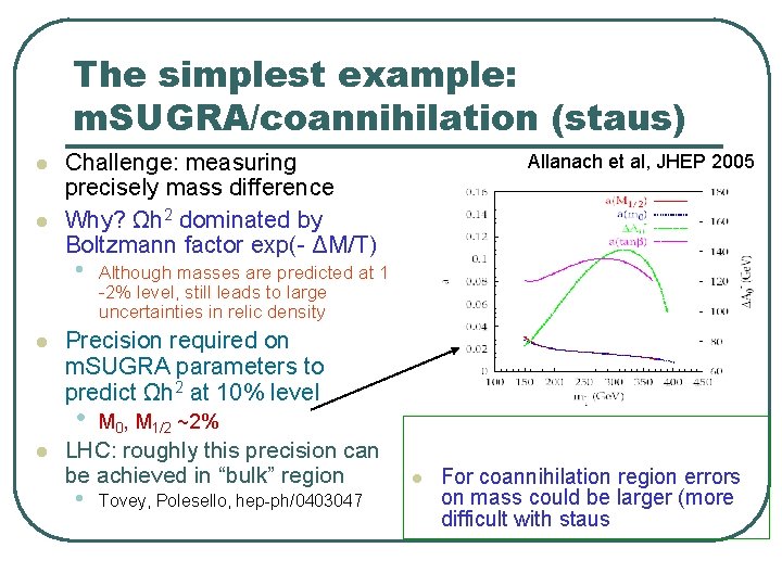 The simplest example: m. SUGRA/coannihilation (staus) l l Challenge: measuring precisely mass difference Why? The simplest example: m. SUGRA/coannihilation (staus) l l Challenge: measuring precisely mass difference Why?