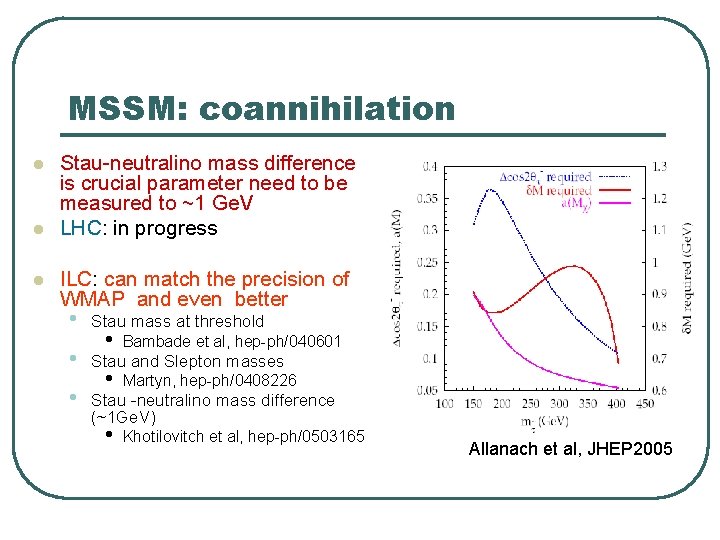 MSSM: coannihilation l l l Stau-neutralino mass difference is crucial parameter need to be MSSM: coannihilation l l l Stau-neutralino mass difference is crucial parameter need to be