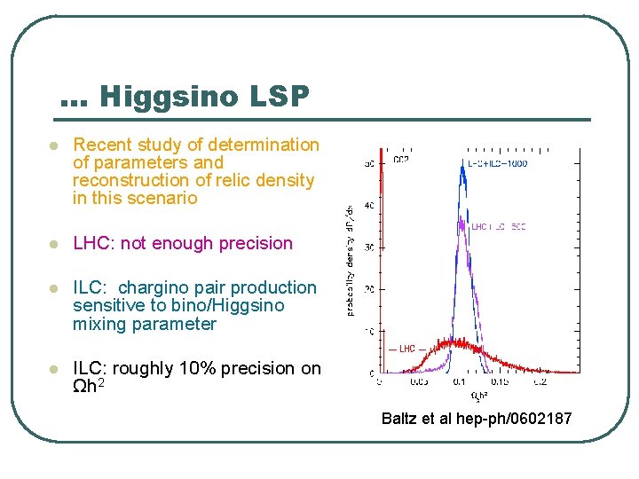… Higgsino LSP l Recent study of determination of parameters and reconstruction of relic … Higgsino LSP l Recent study of determination of parameters and reconstruction of relic