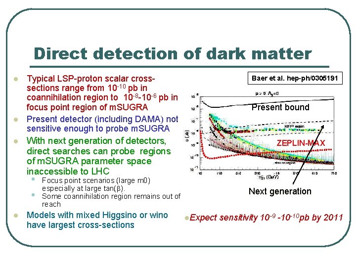 Direct detection of dark matter l l l Typical LSP-proton scalar crosssections range from Direct detection of dark matter l l l Typical LSP-proton scalar crosssections range from
