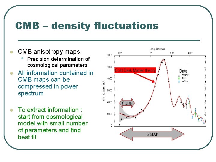 CMB – density fluctuations l CMB anisotropy maps • Precision determination of cosmological parameters CMB – density fluctuations l CMB anisotropy maps • Precision determination of cosmological parameters