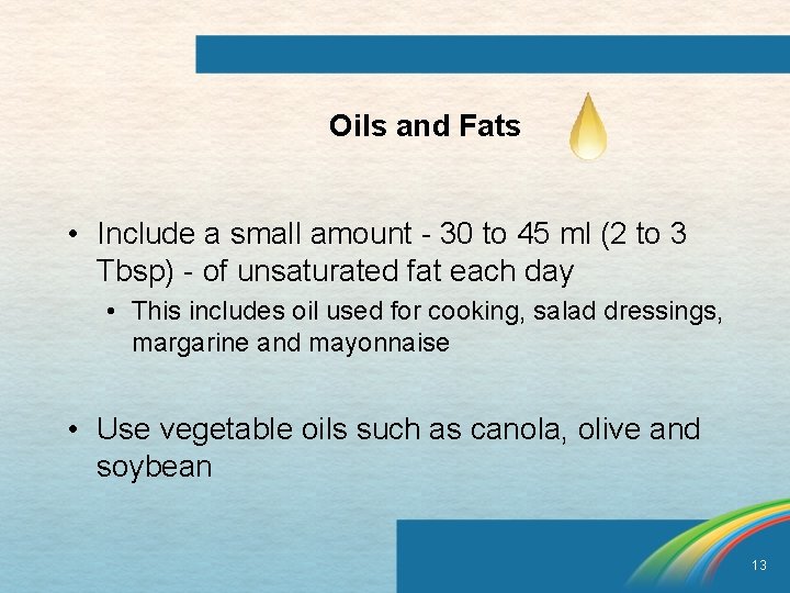 Oils and Fats • Include a small amount - 30 to 45 ml (2