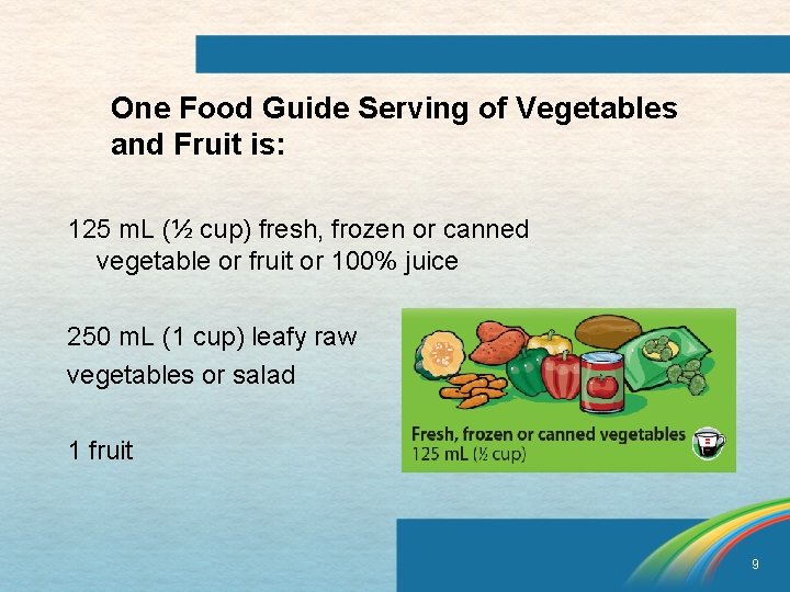 One Food Guide Serving of Vegetables and Fruit is: 125 m. L (½ cup)