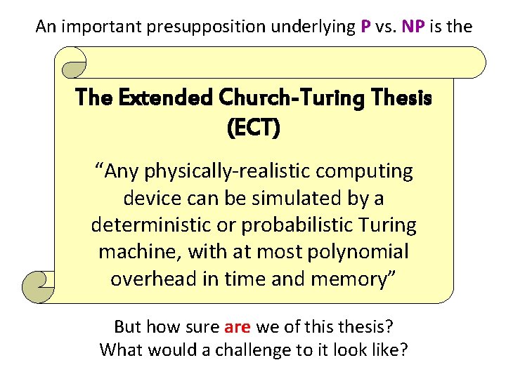 An important presupposition underlying P vs. NP is the The Extended Church-Turing Thesis (ECT)