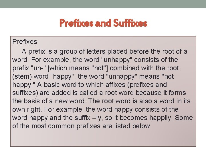 Prefixes and Suffixes Prefixes A prefix is a group of letters placed before the