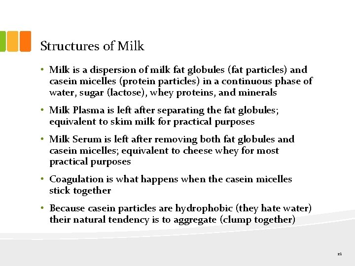 Structures of Milk • Milk is a dispersion of milk fat globules (fat particles)