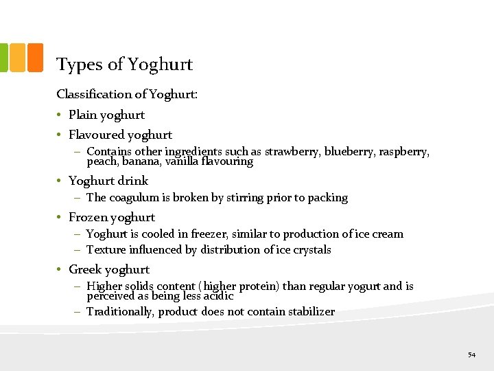 Types of Yoghurt Classification of Yoghurt: • Plain yoghurt • Flavoured yoghurt – Contains