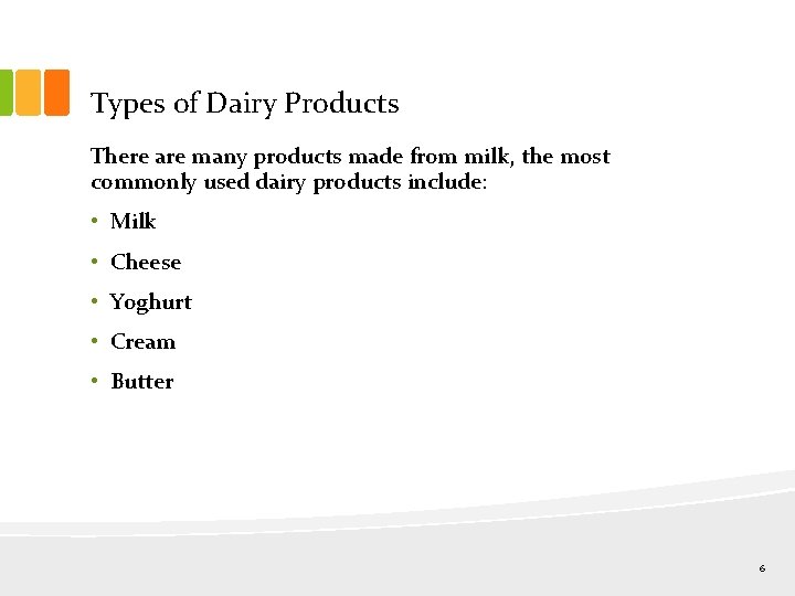 Types of Dairy Products There are many products made from milk, the most commonly