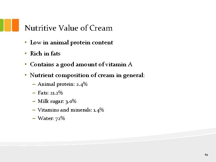 Nutritive Value of Cream • Low in animal protein content • Rich in fats