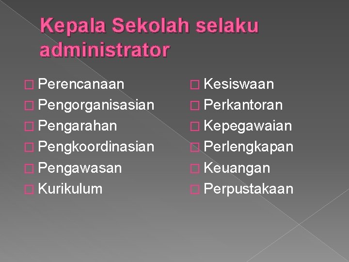 Kepala Sekolah selaku administrator � Perencanaan � Kesiswaan � Pengorganisasian � Perkantoran � Pengarahan