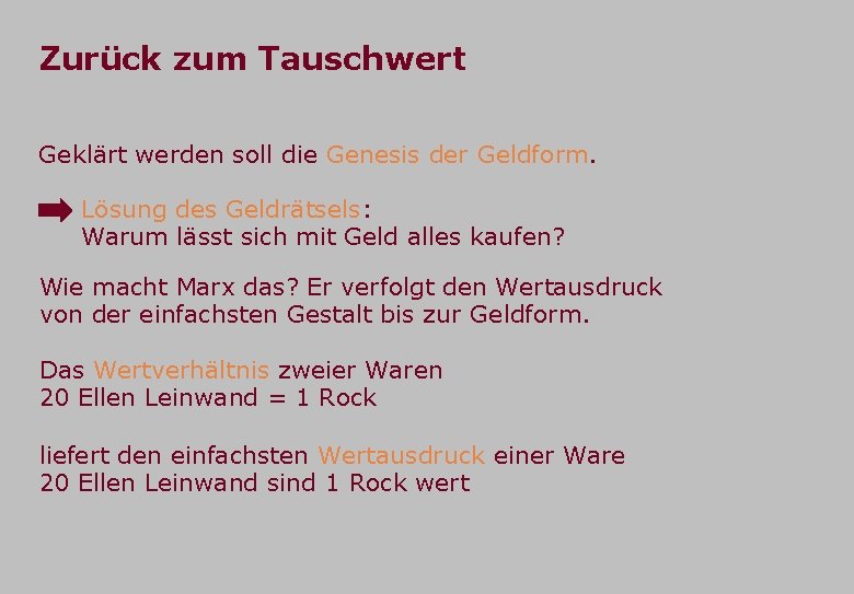 Zurück zum Tauschwert Geklärt werden soll die Genesis der Geldform. Lösung des Geldrätsels: Warum