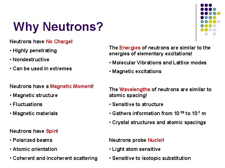 Why Neutrons? Neutrons have No Charge! • Highly penetrating • Nondestructive • Can be