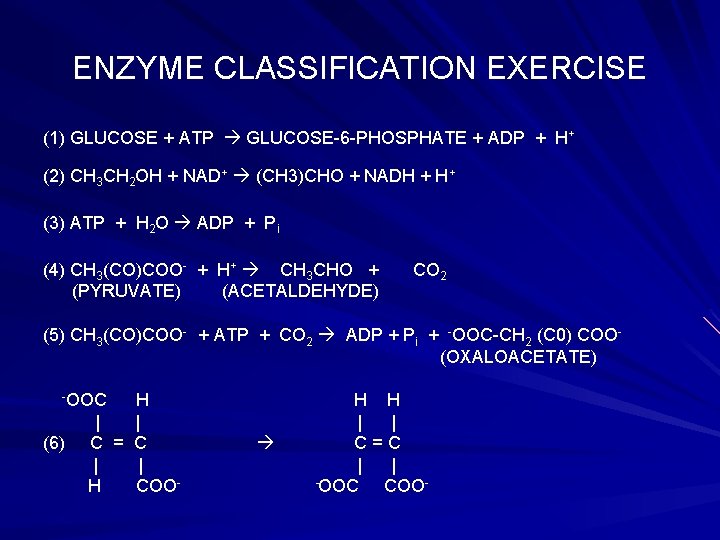 ENZYME CLASSIFICATION EXERCISE (1) GLUCOSE + ATP GLUCOSE-6 -PHOSPHATE + ADP + H+ (2)