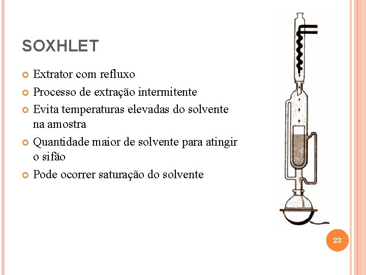 SOXHLET Extrator com refluxo Processo de extração intermitente Evita temperaturas elevadas do solvente na