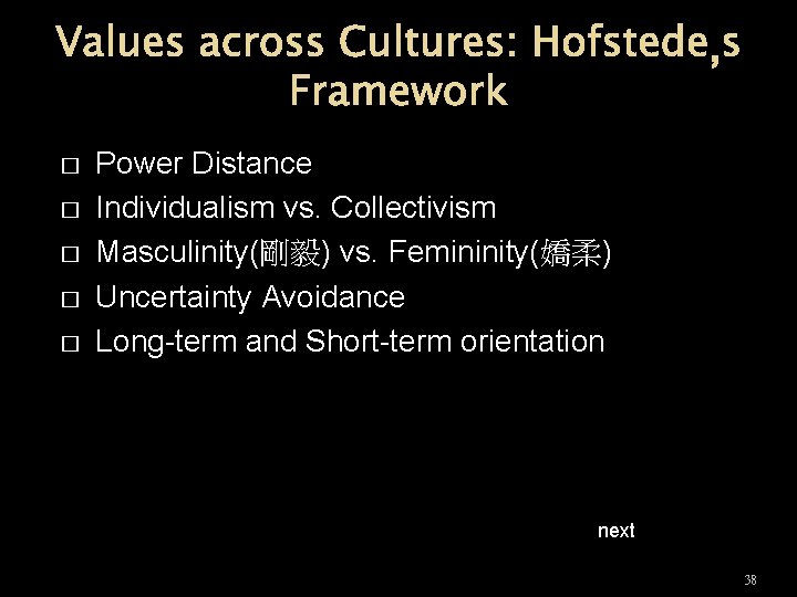 Values across Cultures: Hofstede’s Framework � � � Power Distance Individualism vs. Collectivism Masculinity(剛毅)