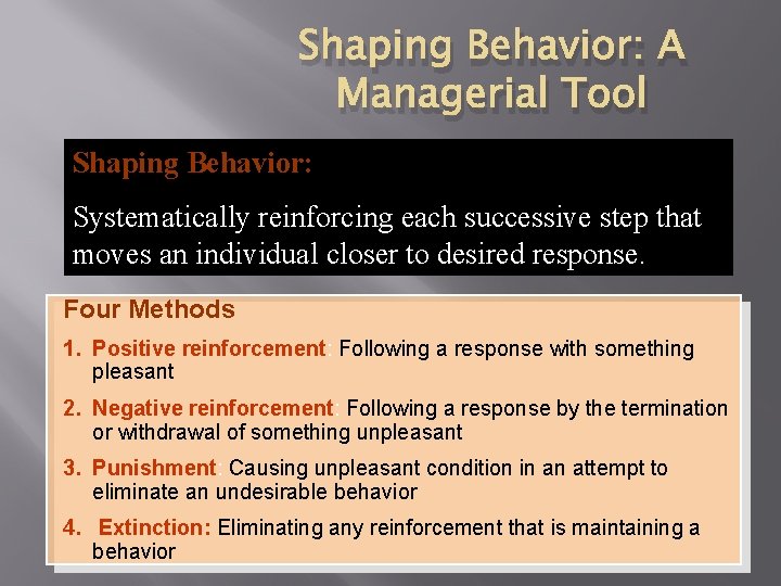 Shaping Behavior: A Managerial Tool Shaping Behavior: Systematically reinforcing each successive step that moves