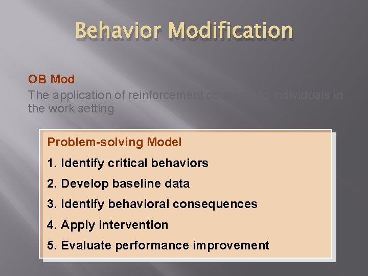 Behavior Modification OB Mod The application of reinforcement concepts to individuals in the work