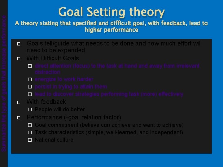 Summarize the type of goals that increase performance Goal Setting theory A theory stating