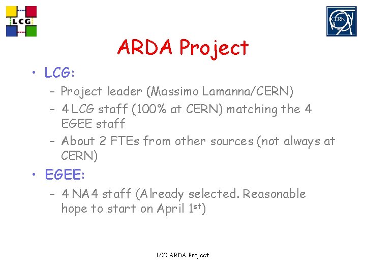 ARDA Project • LCG: – Project leader (Massimo Lamanna/CERN) – 4 LCG staff (100%