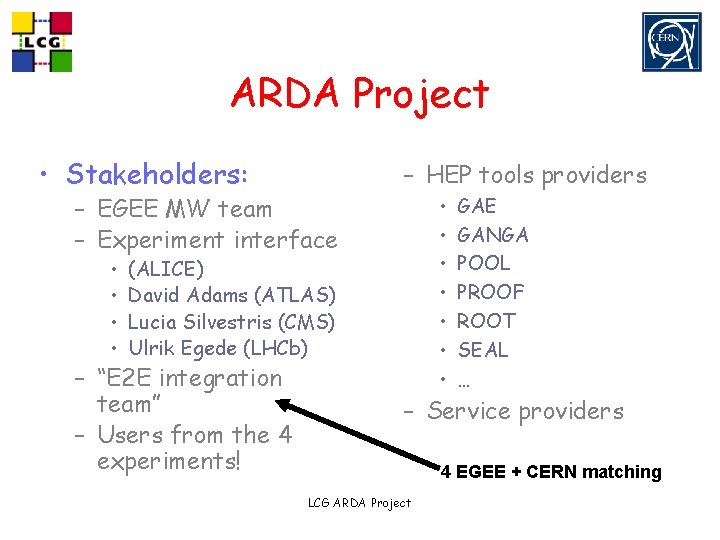 ARDA Project • Stakeholders: – EGEE MW team – Experiment interface • • –