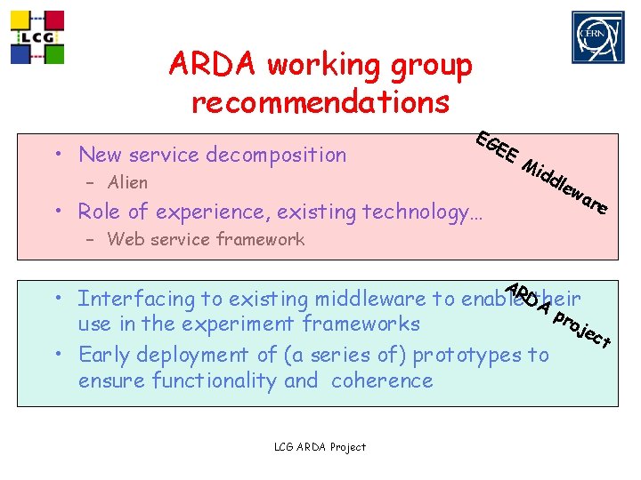 ARDA working group recommendations • New service decomposition EG – Alien EE Mi dd