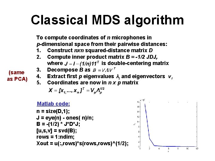 Classical MDS algorithm (same as PCA) To compute coordinates of n microphones in p-dimensional