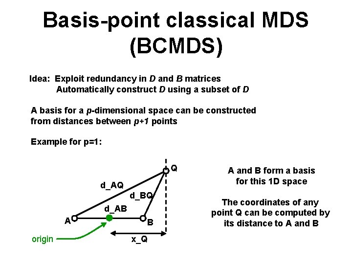 Basis-point classical MDS (BCMDS) Idea: Exploit redundancy in D and B matrices Automatically construct