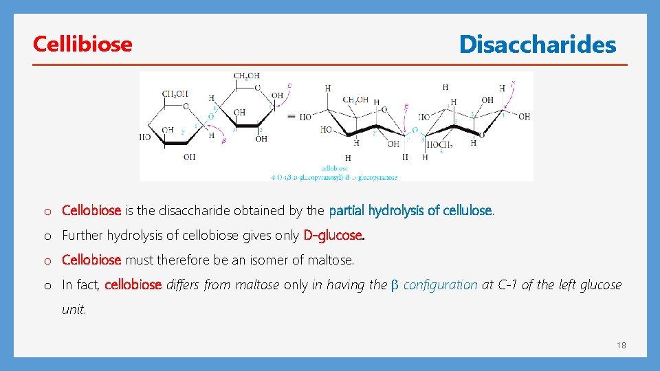 Cellibiose Disaccharides o Cellobiose is the disaccharide obtained by the partial hydrolysis of cellulose.