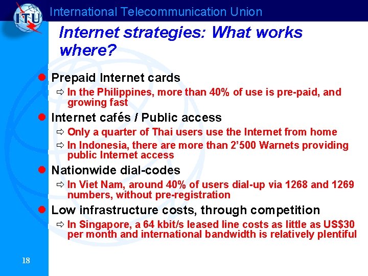 International Telecommunication Union Internet strategies: What works where? l Prepaid Internet cards ð In International Telecommunication Union Internet strategies: What works where? l Prepaid Internet cards ð In