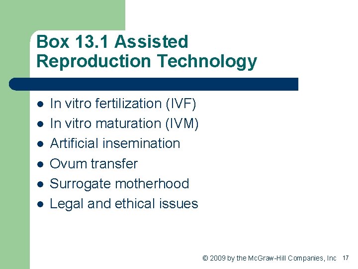 Box 13. 1 Assisted Reproduction Technology l l l In vitro fertilization (IVF) In