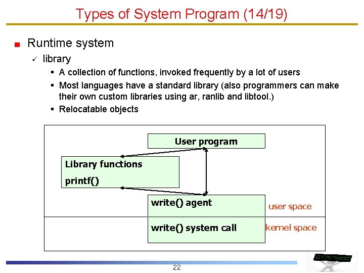 Types of System Program (14/19) Runtime system ü library § A collection of functions,