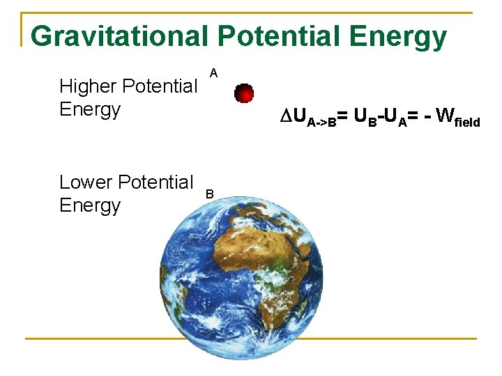 Gravitational Potential Energy Higher Potential Energy Lower Potential Energy A DUA->B= UB-UA= - Wfield