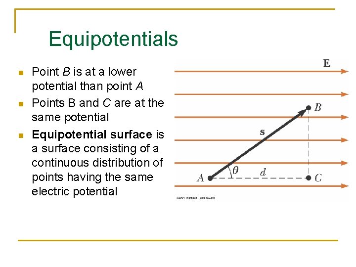 Equipotentials n n n Point B is at a lower potential than point A