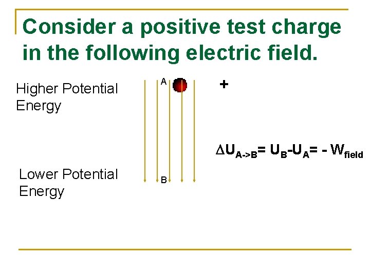 Consider a positive test charge in the following electric field. Higher Potential Energy A