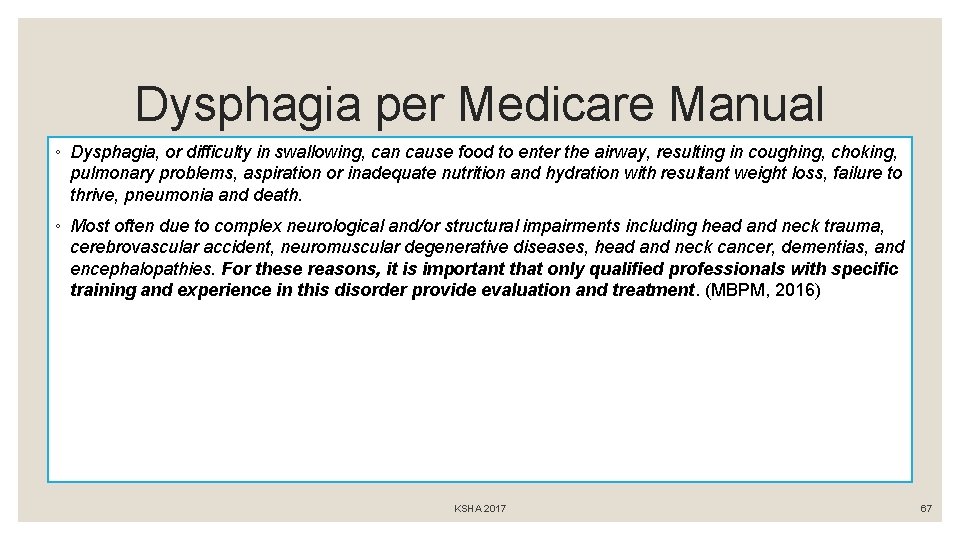 Dysphagia per Medicare Manual ◦ Dysphagia, or difficulty in swallowing, can cause food to