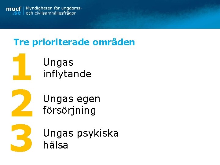 Tre prioriterade områden 1 2 3 Ungas inflytande Ungas egen försörjning Ungas psykiska hälsa